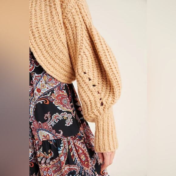 ANTHROPOLOGIE Rae Cropped Cardigan Tan Chunky Knit Sweater Oversized Size Small - Picture 4 of 11